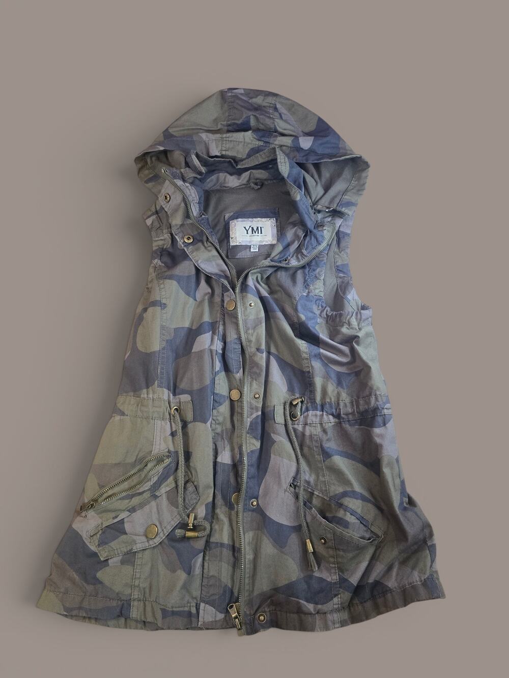 YMI Camo Military Field Vest Zip Off Hood Drawstring Waist M